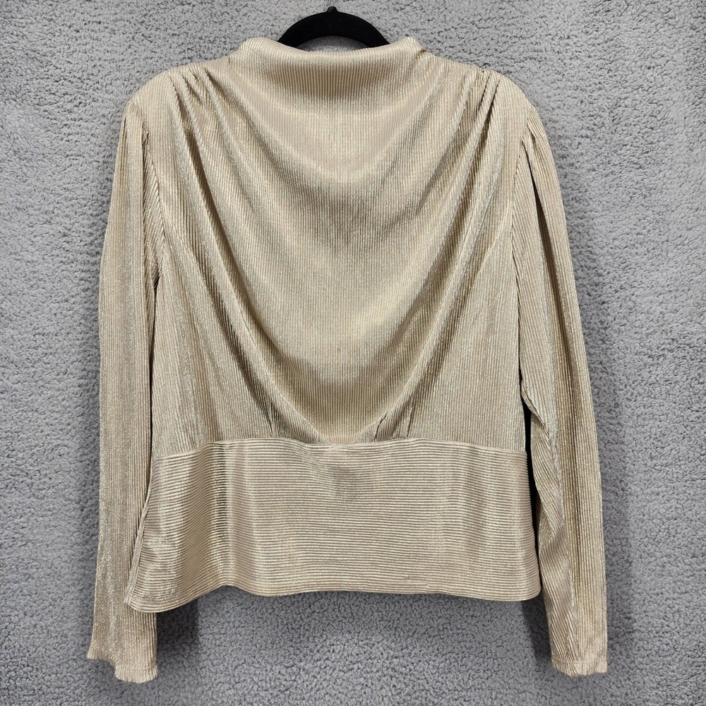 Ann Taylor Gold Metallic Pleated Cowl Neck Long Sleeve Blouse Top Large NEW
